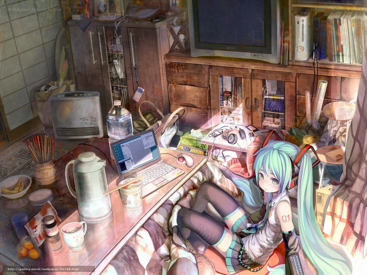 Anime girl in cluttered room