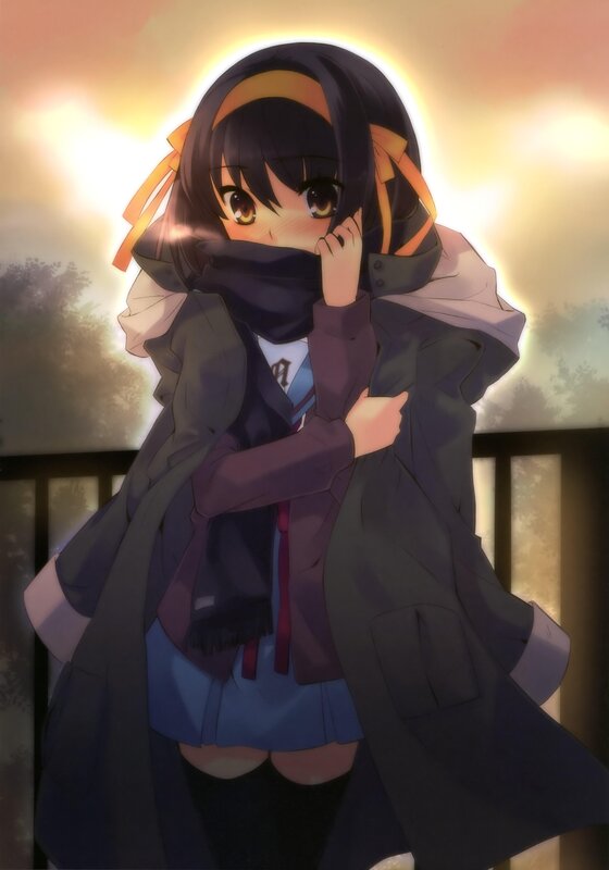 anime girl in coat at sunset