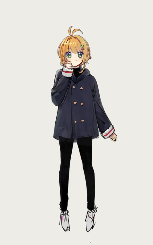 Anime Girl in Coat — Black, Neutral, Digital Art, Green Eyes