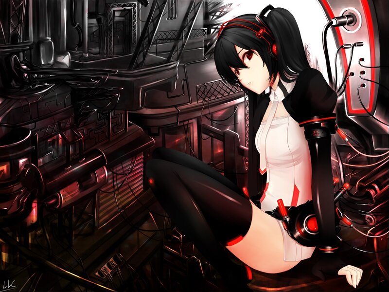 Anime Girl in Cockpit — Black, Dramatic, Digital Art, Headphones