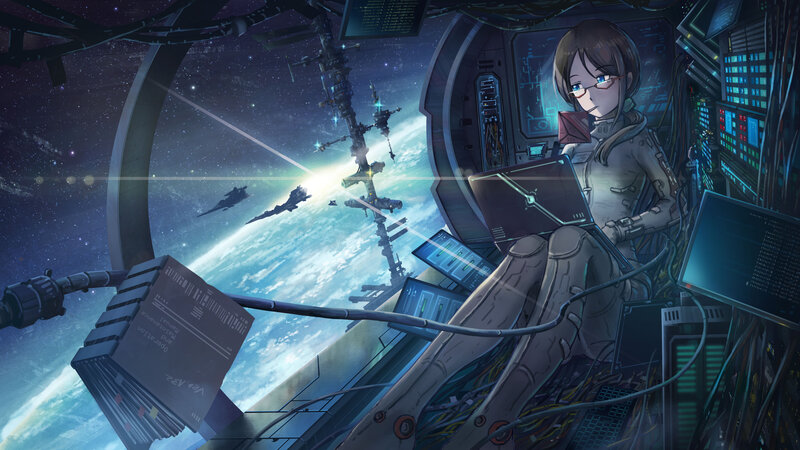 Anime Girl in Cockpit — Blue, Dramatic, Night, Digital Art, Space Station