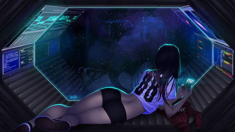 Anime Girl in Cockpit — Blue, Serene