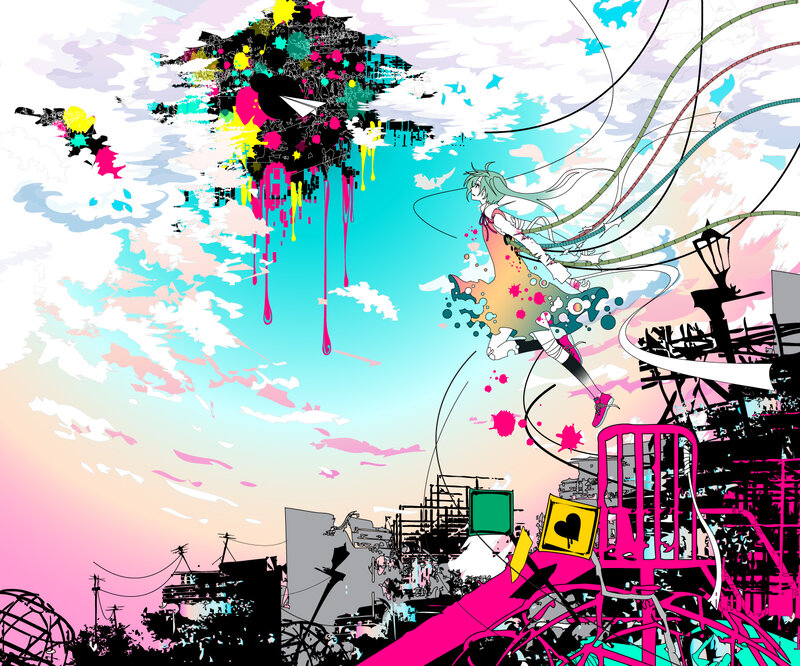 Anime girl in colorful cityscape