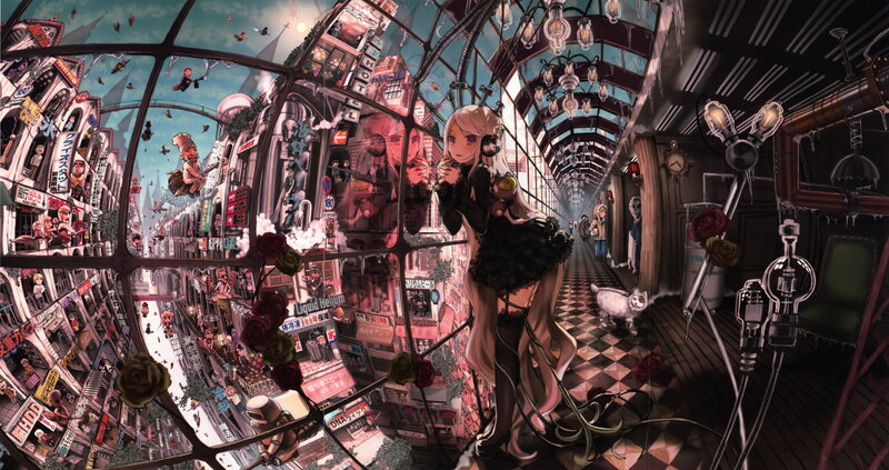 Anime Girl in Corridor — Black, Dramatic, Surreal
