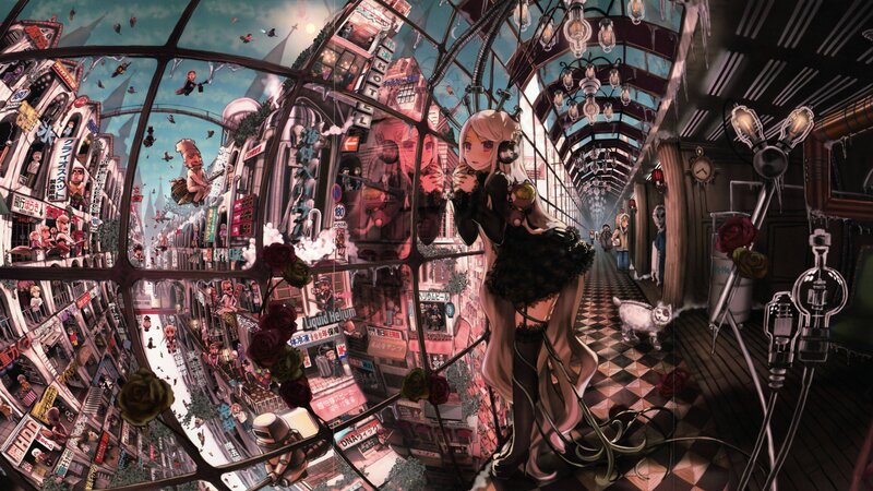 Anime Girl in Corridor — Black, Dystopian