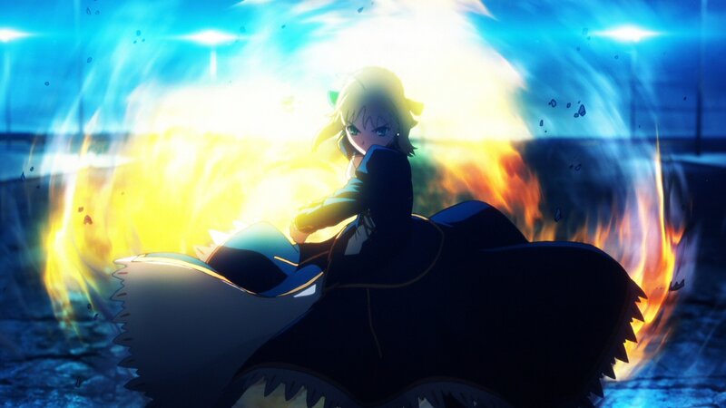 Anime Girl in Dark Dress — Blue, Dramatic, Fire