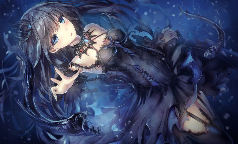 Anime Girl in Dark Dress — Blue, Mysterious, Night