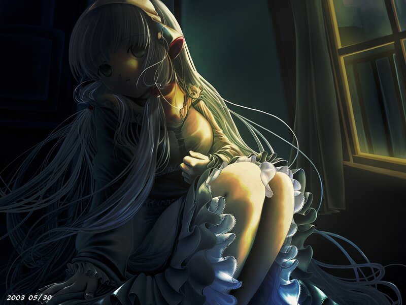 Anime Girl in Dark Room — Blue, Dramatic, Night, Digital Art, Window