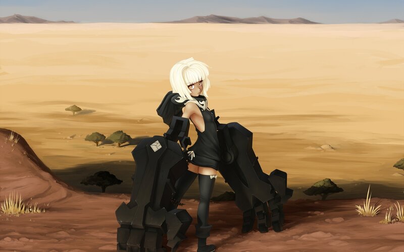Anime girl in desert with mech
