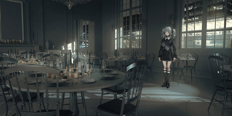 Anime Girl in Dining Hall — Gray