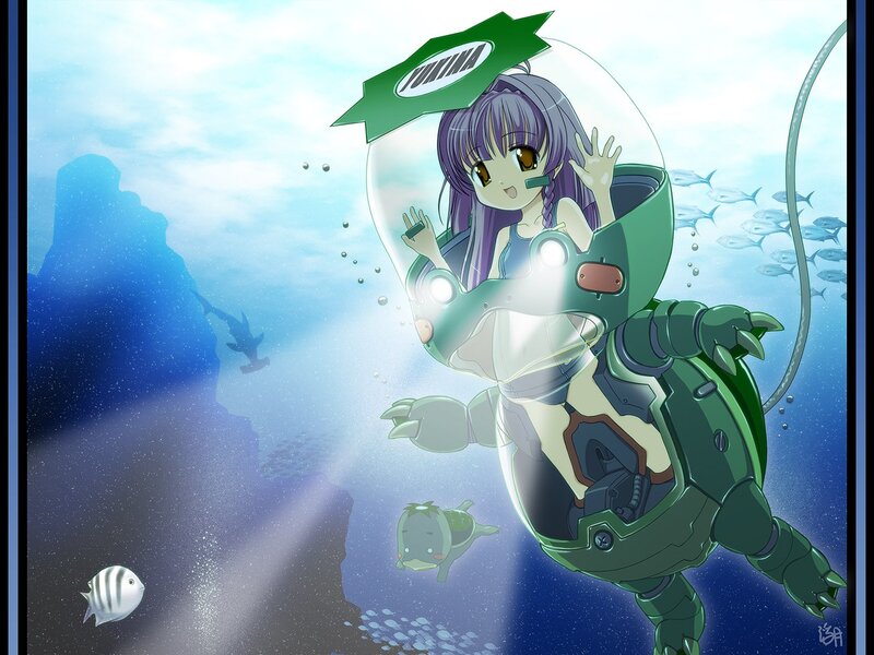 anime girl in diving suit underwater