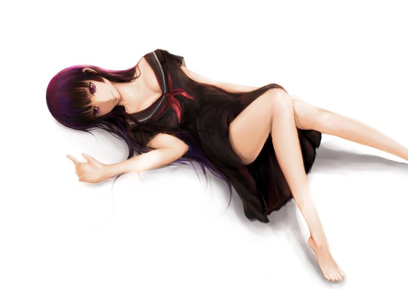 Anime Girl in Dress — Black, Calm, Digital Art, Purple Hair