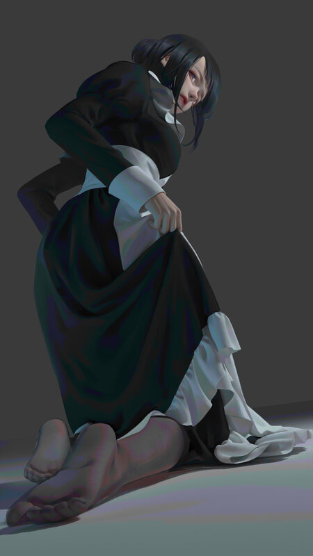 Anime Girl in Dress — Black, Dramatic, Digital Art, Bare Feet