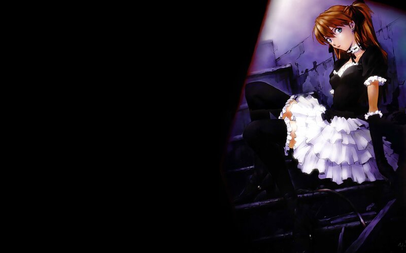 Anime Girl in Dress — Black, Dramatic, Night, Stairs