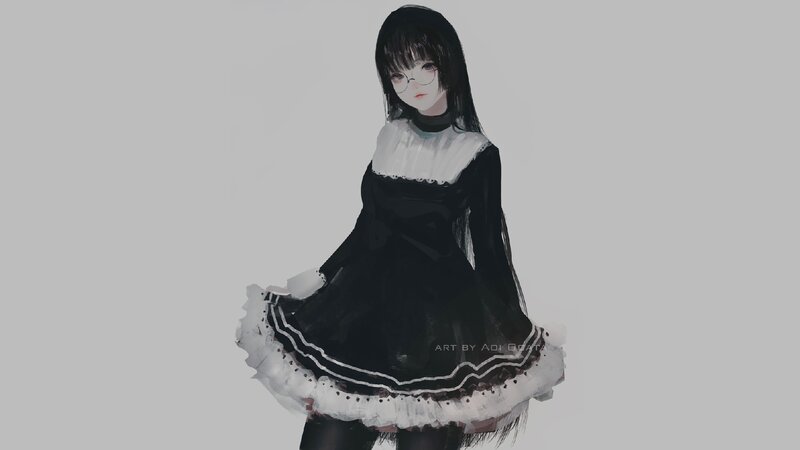 Anime Girl in Dress — Black, Neutral, Digital Art
