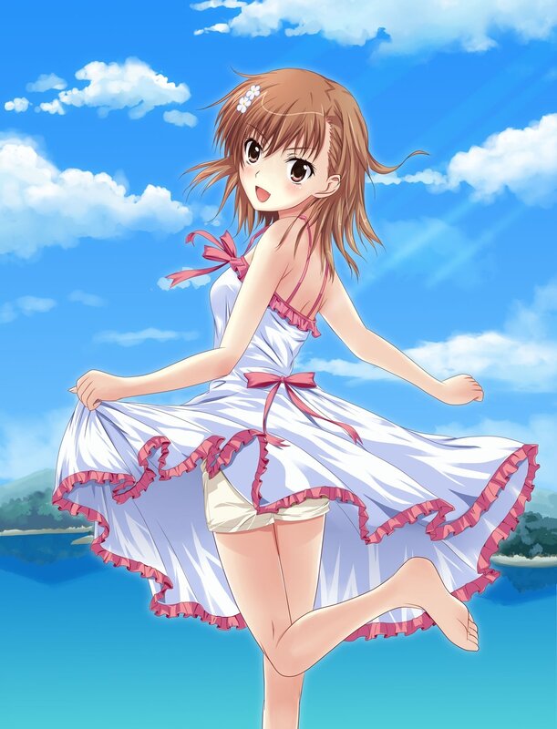 Anime Girl in Dress — Blue, Cheerful, Afternoon, Clouds