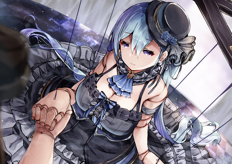Anime Girl in Dress — Blue, Dramatic, Digital Art, Top Hat
