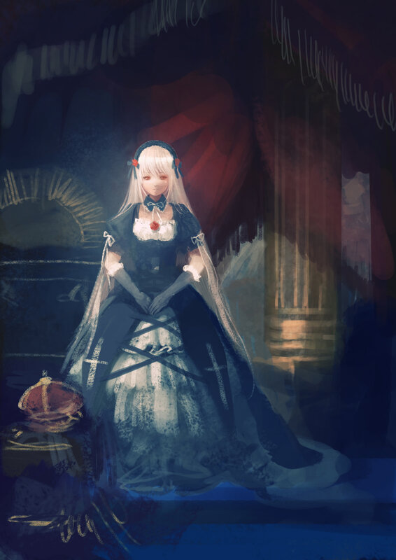 Anime Girl in Dress — Blue, Dramatic, Night, Digital Art, Crown