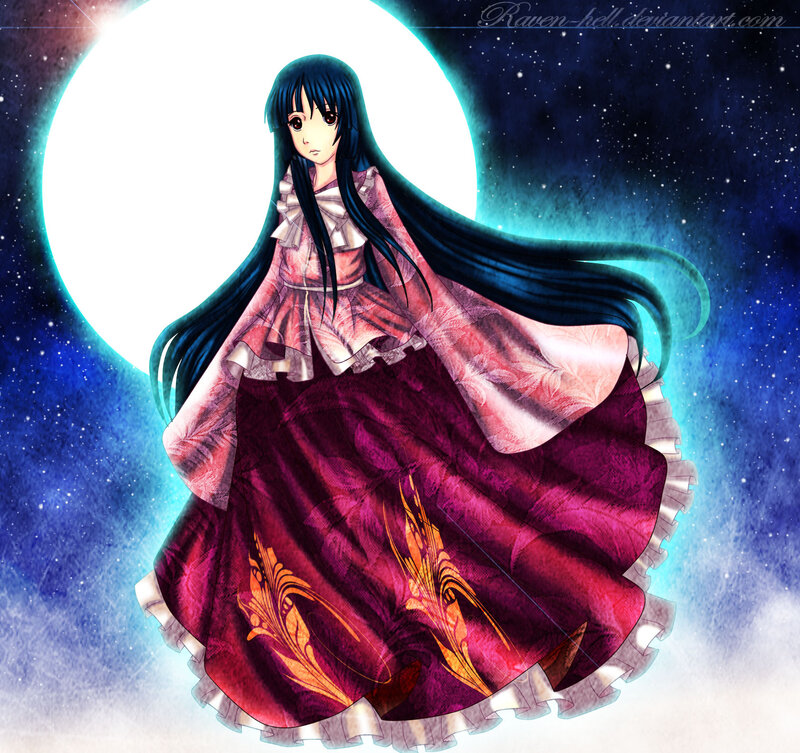 Anime Girl in Dress — Blue, Dramatic, Night, Digital Art, Moon