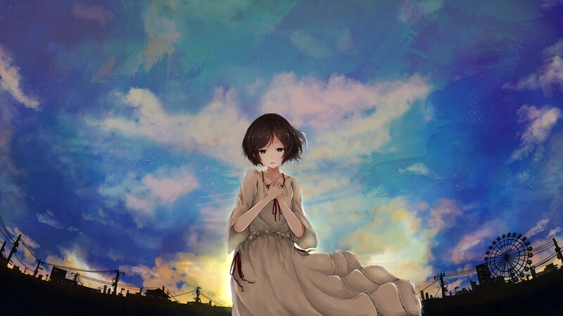Anime Girl in Dress — Blue, Dramatic, Sunset, Digital Art