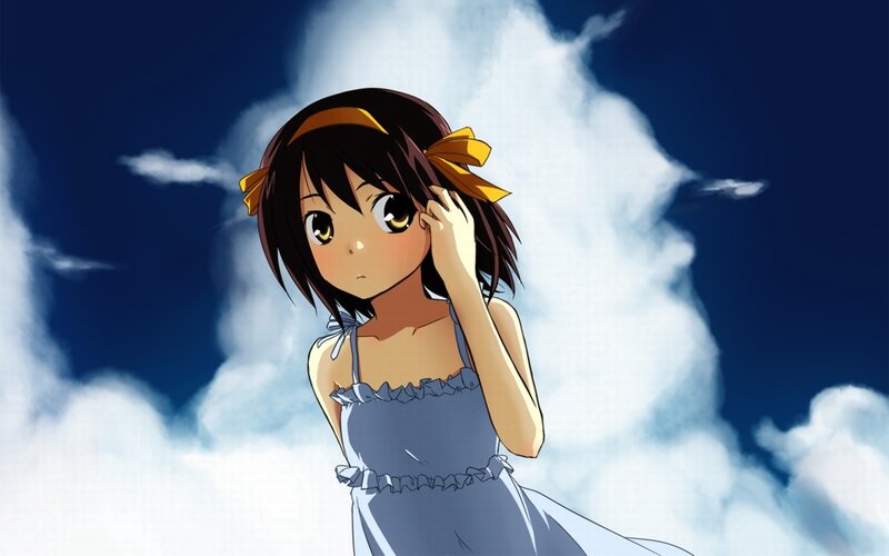 Anime Girl in Dress — Blue, Serene, Afternoon, Clouds