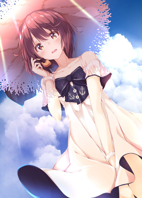 Anime Girl in Dress — Blue, Serene, Afternoon, Digital Art, Clouds