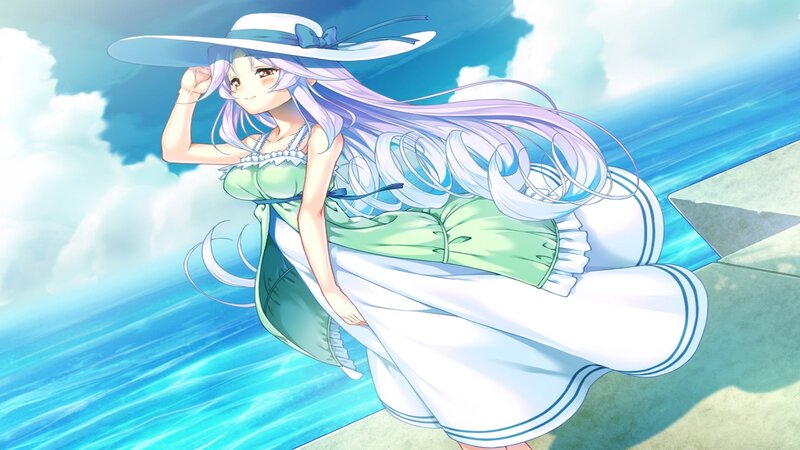 Anime Girl in Dress — Blue, Serene, Afternoon, Hat