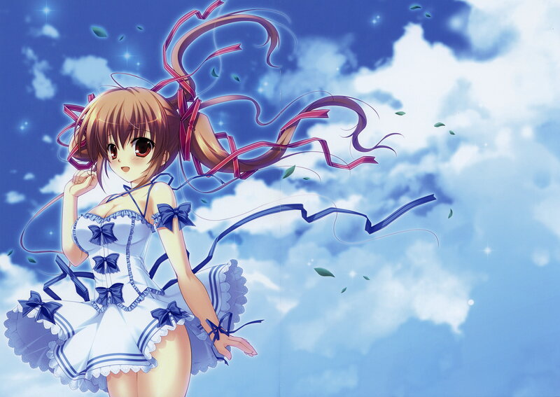 Anime Girl in Dress — Blue, Serene, Afternoon, Ribbons