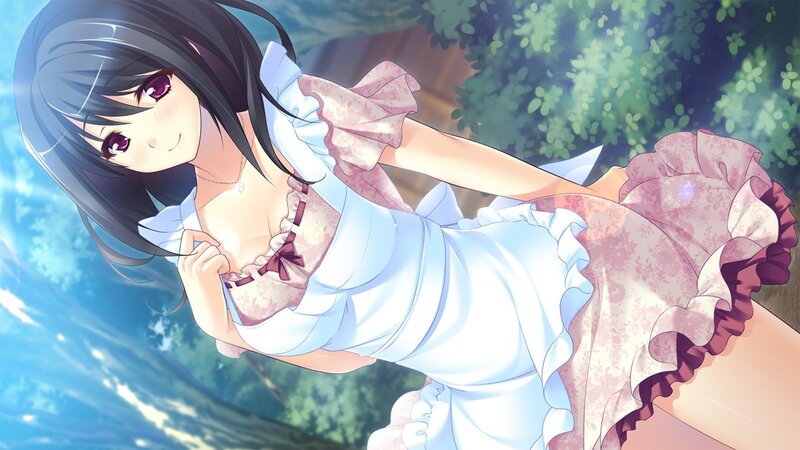Anime Girl in Dress — Blue, Serene, Afternoon, Trees, Sky