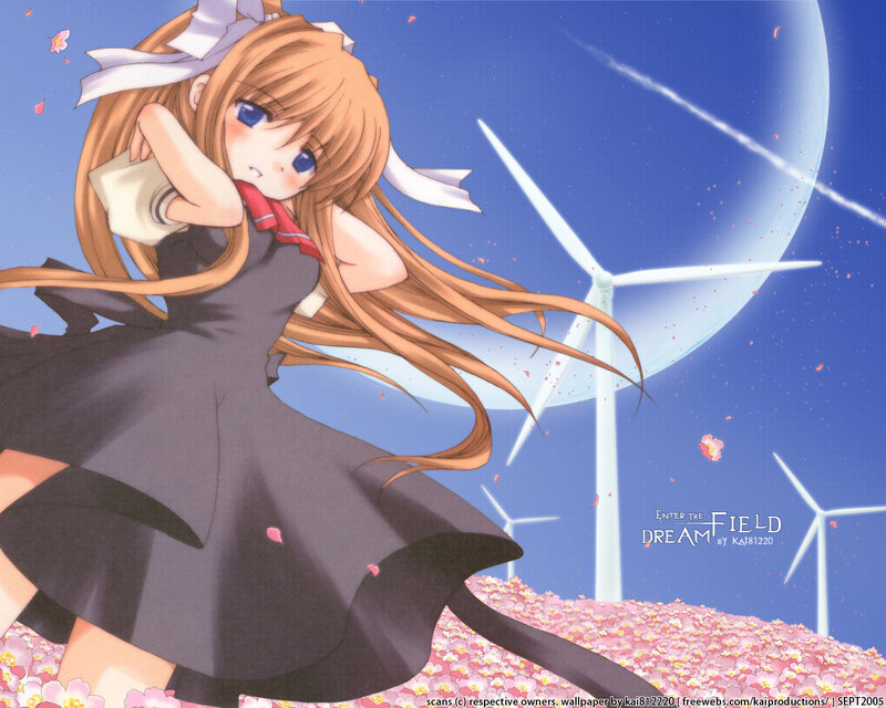 Anime Girl in Dress — Blue, Serene, Night, Wind Turbines