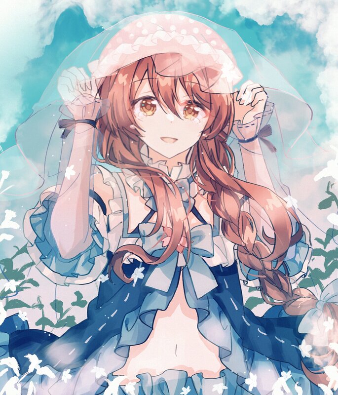 Anime Girl in Dress — Blue, Serene, Spring, Digital Art