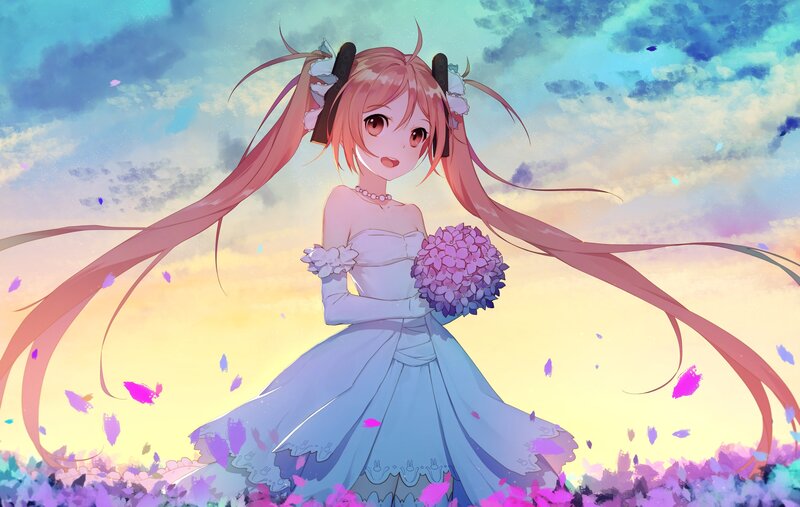 Anime Girl in Dress — Blue, Serene, Sunset, Digital Art
