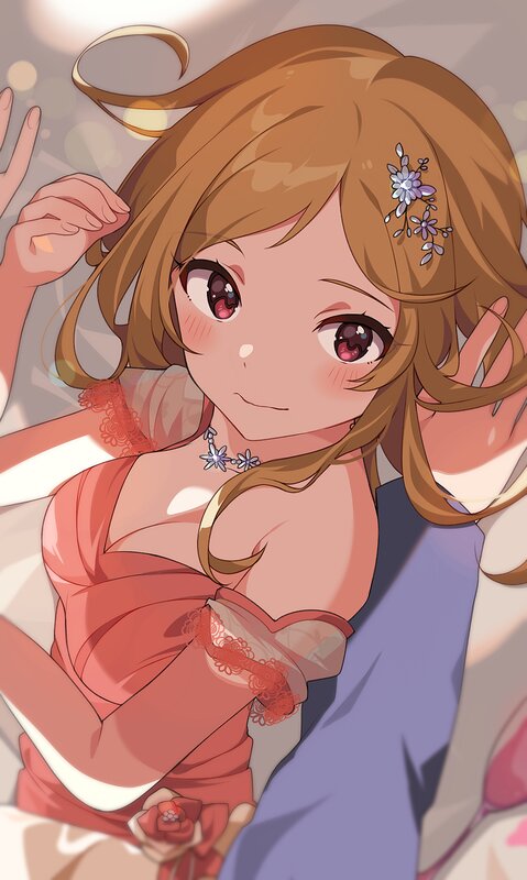 Anime Girl in Dress — Brown, Calm, Flower Hairpin