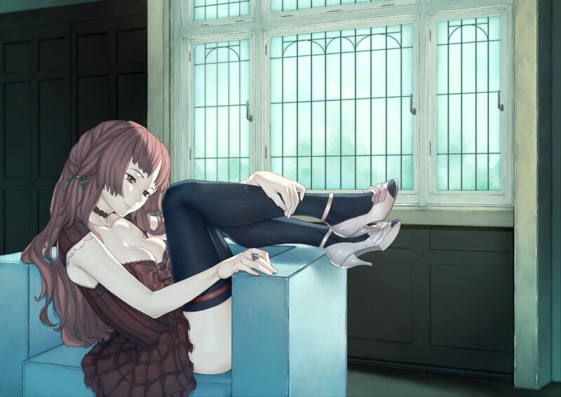 anime girl in dress by window