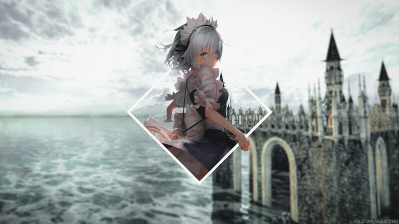 Anime Girl in Dress — Gray, Dramatic, Digital Art, Castle