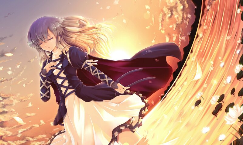 Anime Girl in Dress — Orange, Dramatic, Sunset, Digital Art, Flower Petals