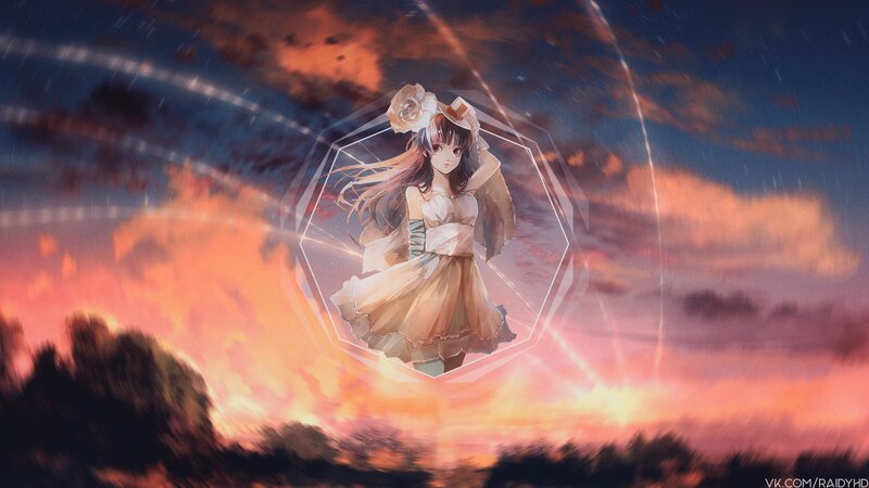 Anime Girl in Dress — Orange, Dramatic, Sunset, Digital Art, Rose