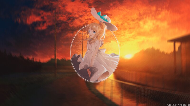 Anime Girl in Dress — Orange, Dramatic, Sunset, Digital Art
