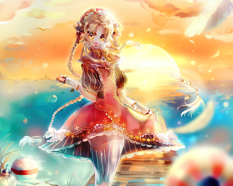 Anime Girl in Dress — Orange, Serene, Sunset