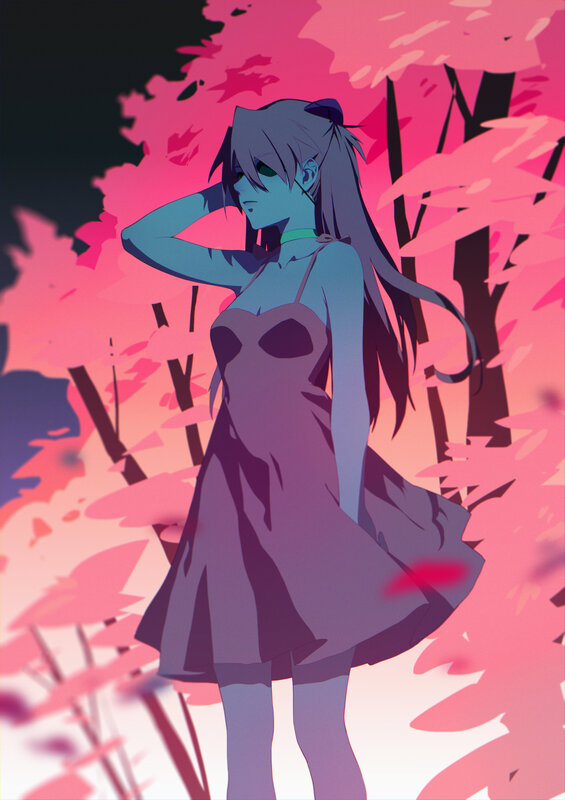 Anime Girl in Dress — Pink, Dramatic, Night, Digital Art, Trees