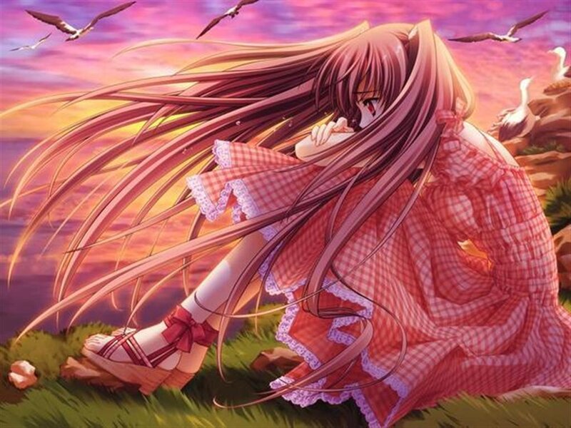 Anime Girl in Dress — Pink, Dramatic, Sunset