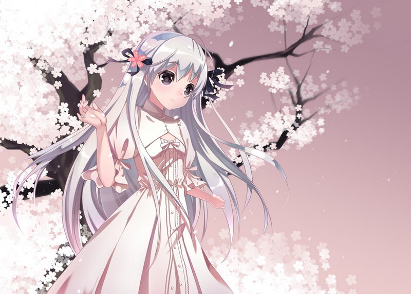 Anime Girl in Dress — Pink, Serene, Spring, Cherry Blossoms, Tree