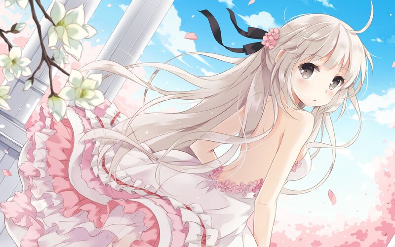 Anime Girl in Dress — Pink, Serene, Spring, Flower Petals