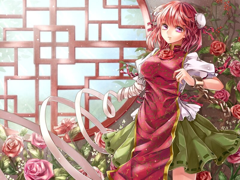Anime Girl in Dress — Pink, Serene, Spring, Roses