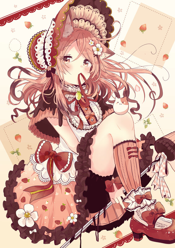 Anime Girl in Dress — Pink, Sweet, Digital Art, Strawberries