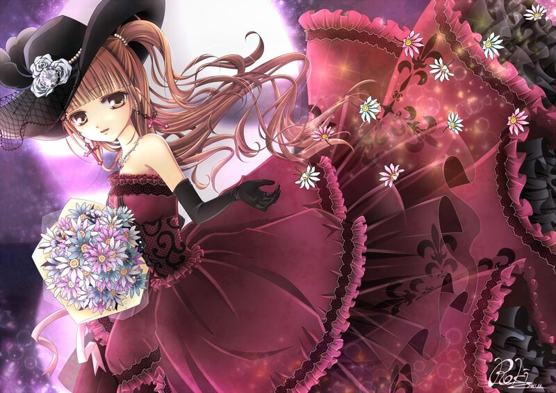 Anime Girl in Dress — Purple, Dramatic, Night, Digital Art, Hat