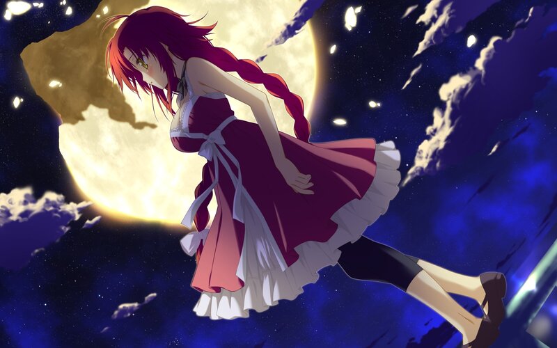 Anime Girl in Dress — Purple, Dramatic, Night, Moon