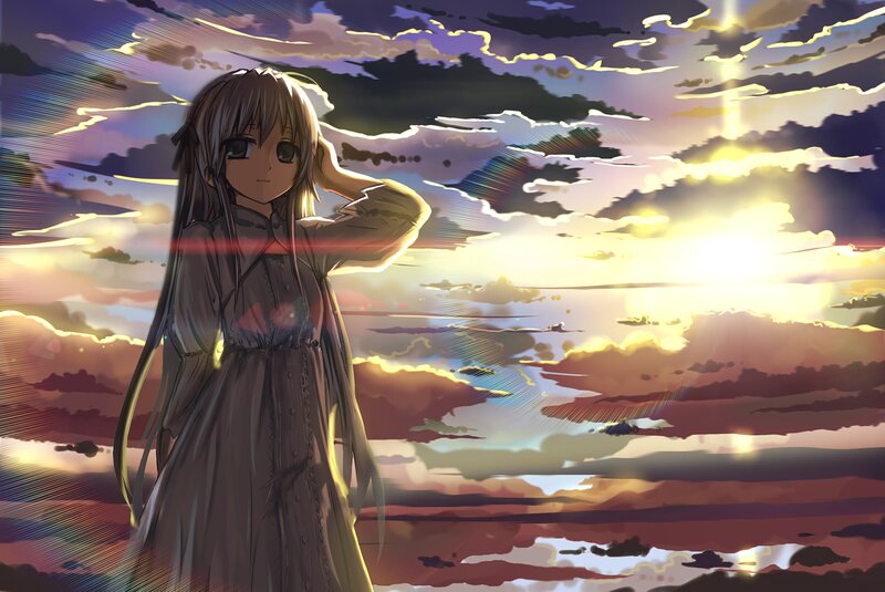 Anime Girl in Dress — Purple, Dramatic, Sunset, Digital Art, Clouds