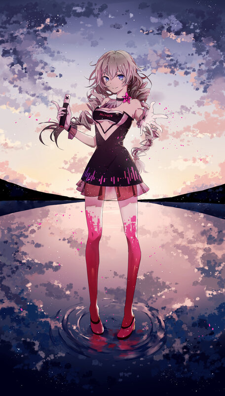Anime Girl in Dress — Purple, Dramatic, Sunset, Digital Art, Microphone