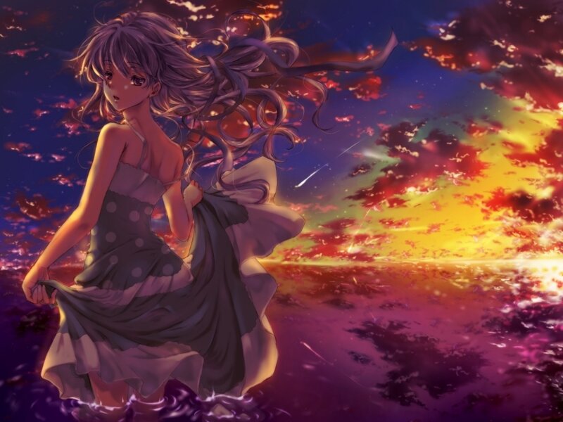 Anime Girl in Dress — Purple, Dramatic, Sunset